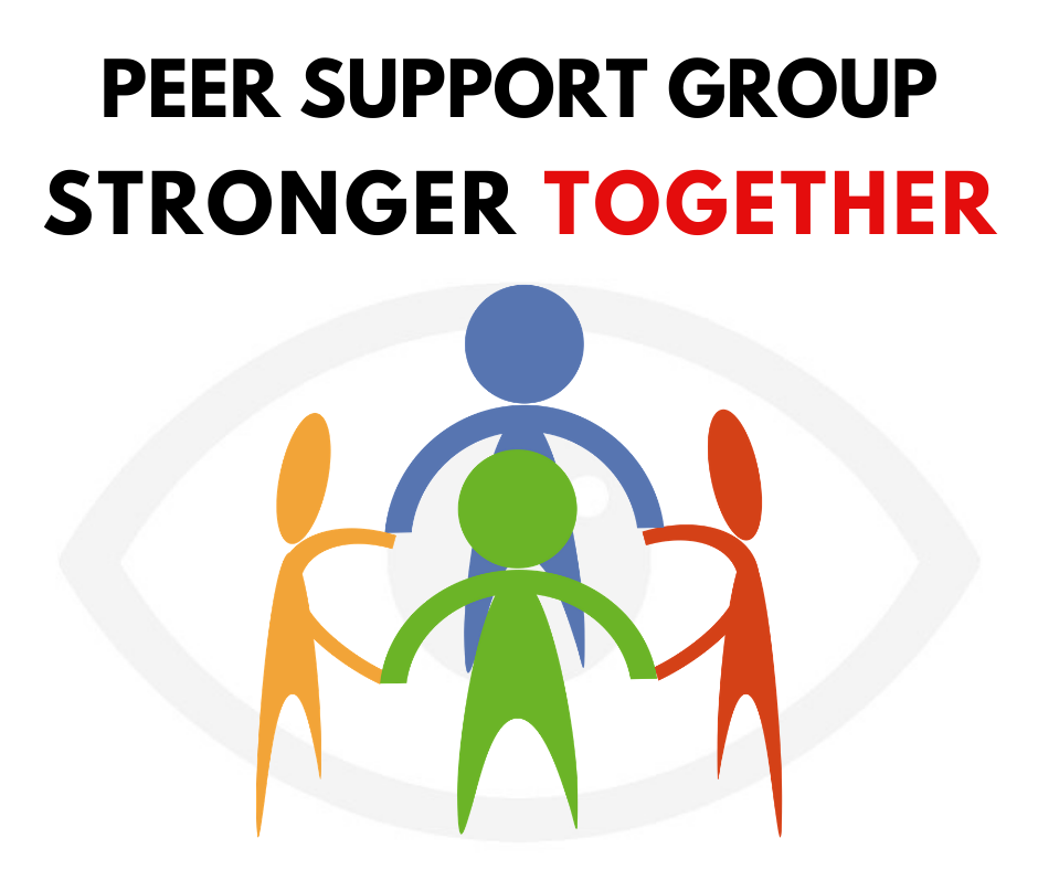 Peer Support Group Stronger Together graphic with people holding hands and an eye graphic behind the people